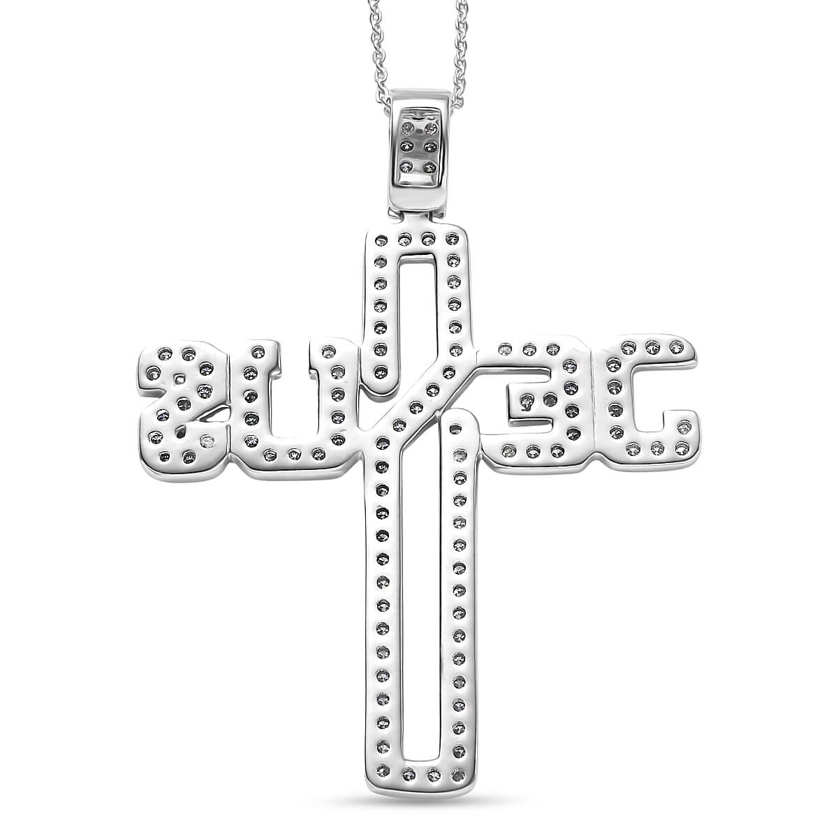  D'Joy Moissanite 1.50 ctw Jesus Cross Pendant Necklace in Rhodium Over Sterling Silver 20 Inches