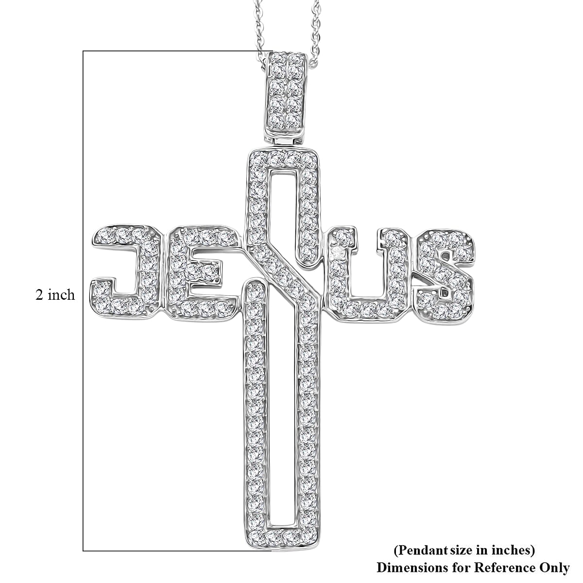  D'Joy Moissanite 1.50 ctw Jesus Cross Pendant Necklace in Rhodium Over Sterling Silver 20 Inches