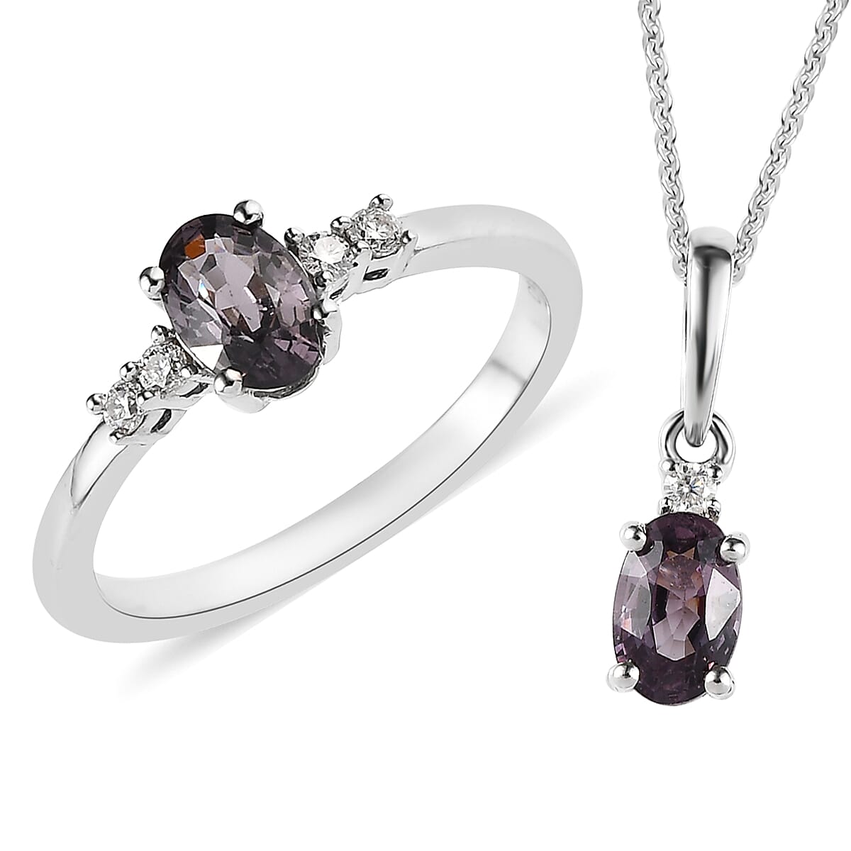 Tanzanian Lavender Spinel and Moissanite Ring (Size 5.0) and Pendant Necklace 20 Inches in Platinum Over Sterling Silver 1.25 ctw