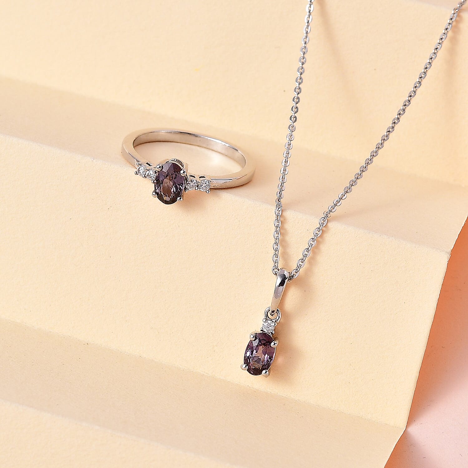 Tanzanian Lavender Spinel and Moissanite Ring (Size 5.0) and Pendant Necklace 20 Inches in Platinum Over Sterling Silver 1.25 ctw