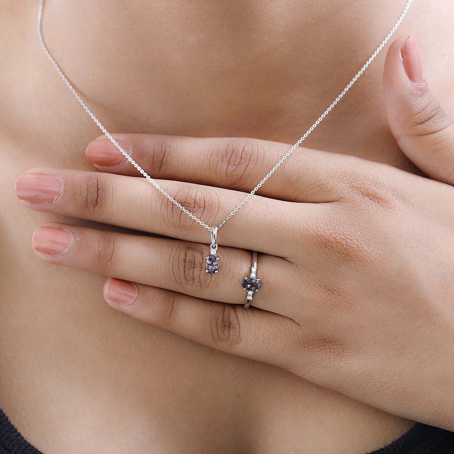 Tanzanian Lavender Spinel and Moissanite Ring (Size 5.0) and Pendant Necklace 20 Inches in Platinum Over Sterling Silver 1.25 ctw