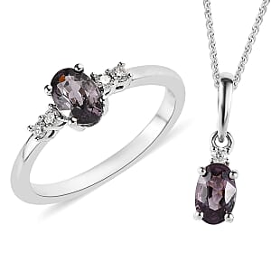 Tanzanian Lavender Spinel and Moissanite Ring (Size 8.0) and Pendant Necklace 20 Inches in Platinum Over Sterling Silver 1.25 ctw
