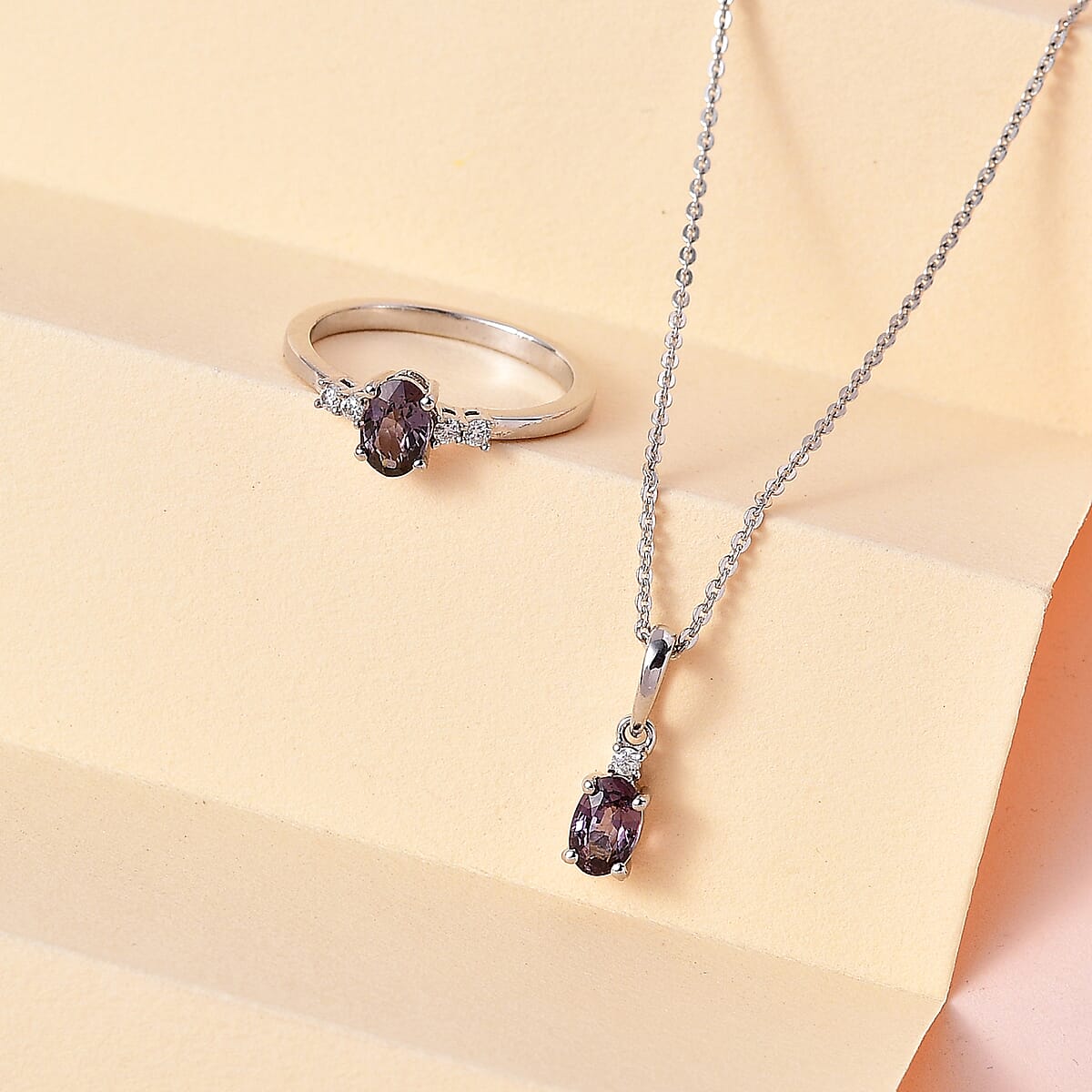 Tanzanian Lavender Spinel and Moissanite Ring (Size 8.0) and Pendant Necklace 20 Inches in Platinum Over Sterling Silver 1.25 ctw image number 1