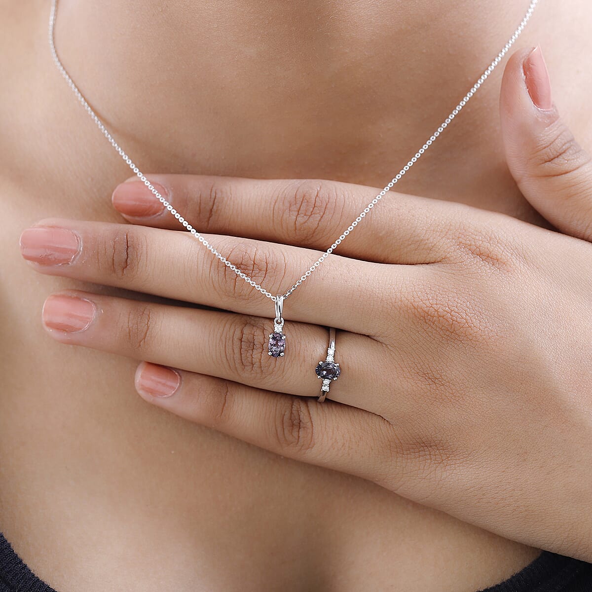 Tanzanian Lavender Spinel and Moissanite Ring (Size 8.0) and Pendant Necklace 20 Inches in Platinum Over Sterling Silver 1.25 ctw image number 2