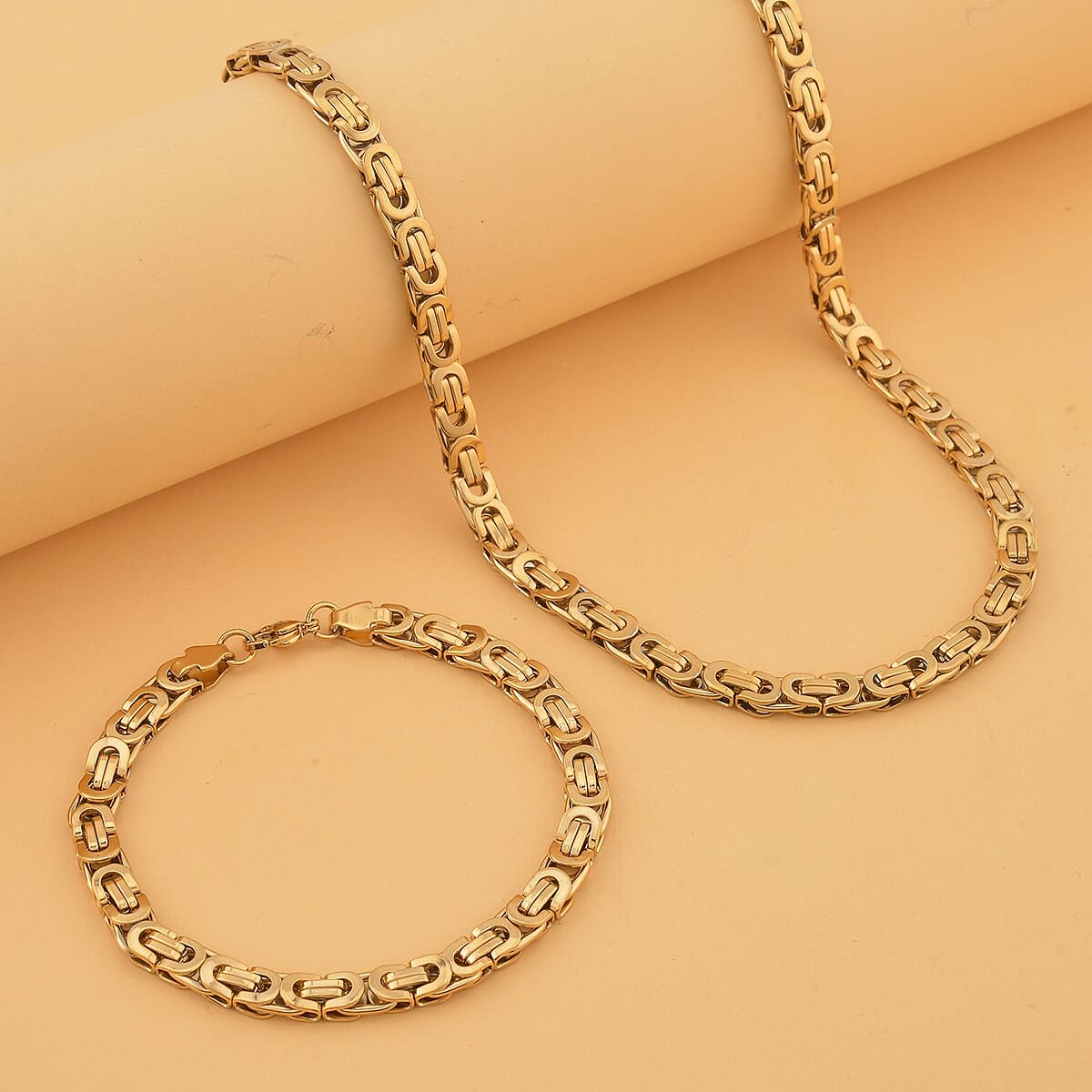 Byzantine Link Men's Chain Necklace (24 Inches) and Bracelet (8.5In) in ION Plated YG Stainless Steel | Tarnish-Free, Waterproof, Sweat Proof Jewelry image number 1