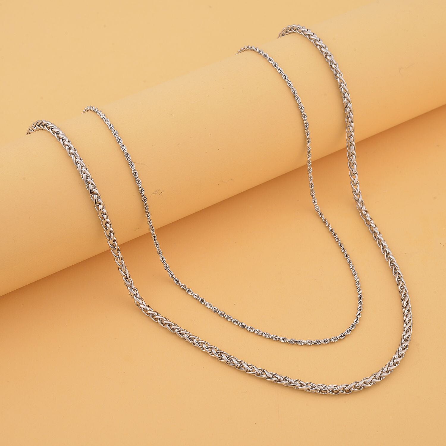 Set of 2 Wheat & Rope Link Men's Chain Necklace (24 Inches) in Stainless Steel | Tarnish-Free, Waterproof, Sweat Proof Jewelry