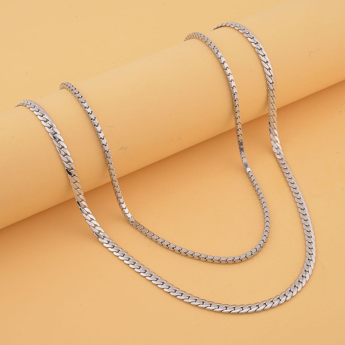 Set of 2 Flat Box & Herringbone Link Men's Chain Necklace 24 Inches in Stainless Steel image number 1