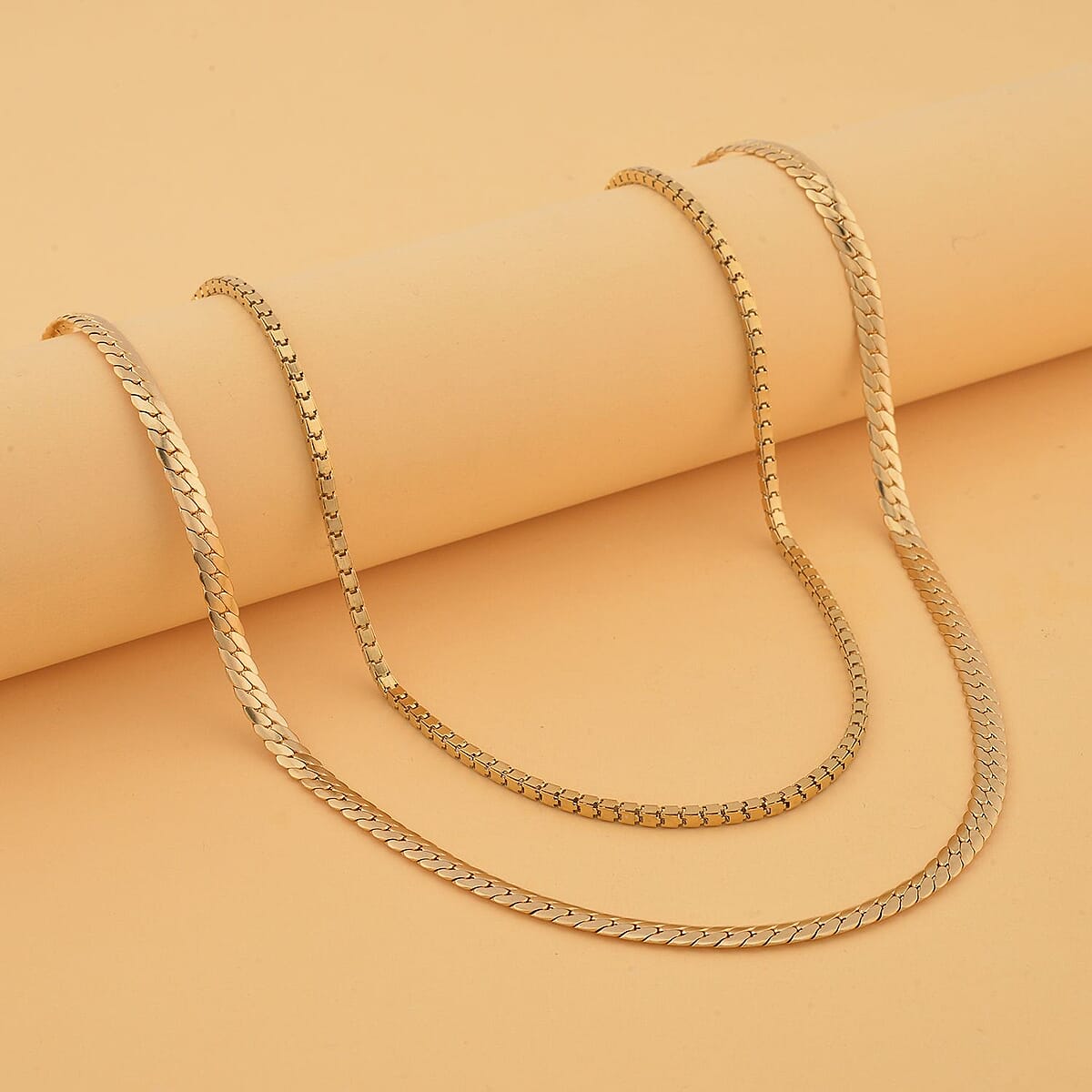 Set of 2 Flat Box & Herringbone Link Men's Chain Necklace (24 Inches) in ION Plated YG Stainless Steel | Tarnish-Free, Waterproof, Sweat Proof Jewelry image number 1