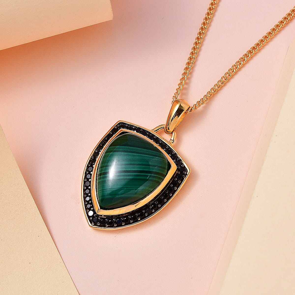 African Malachite and Thai Black Spinel Men's Pendant Necklace 24 Inches in 14K Yellow Gold Over Sterling Silver 15.00 ctw image number 1