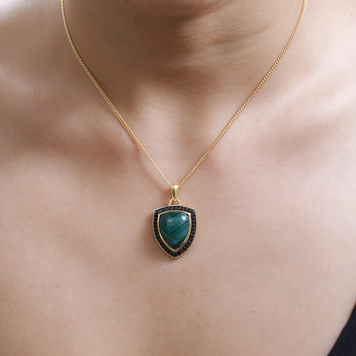 African Malachite and Thai Black Spinel Men's Pendant Necklace 24 Inches in 14K Yellow Gold Over Sterling Silver 15.00 ctw image number 2
