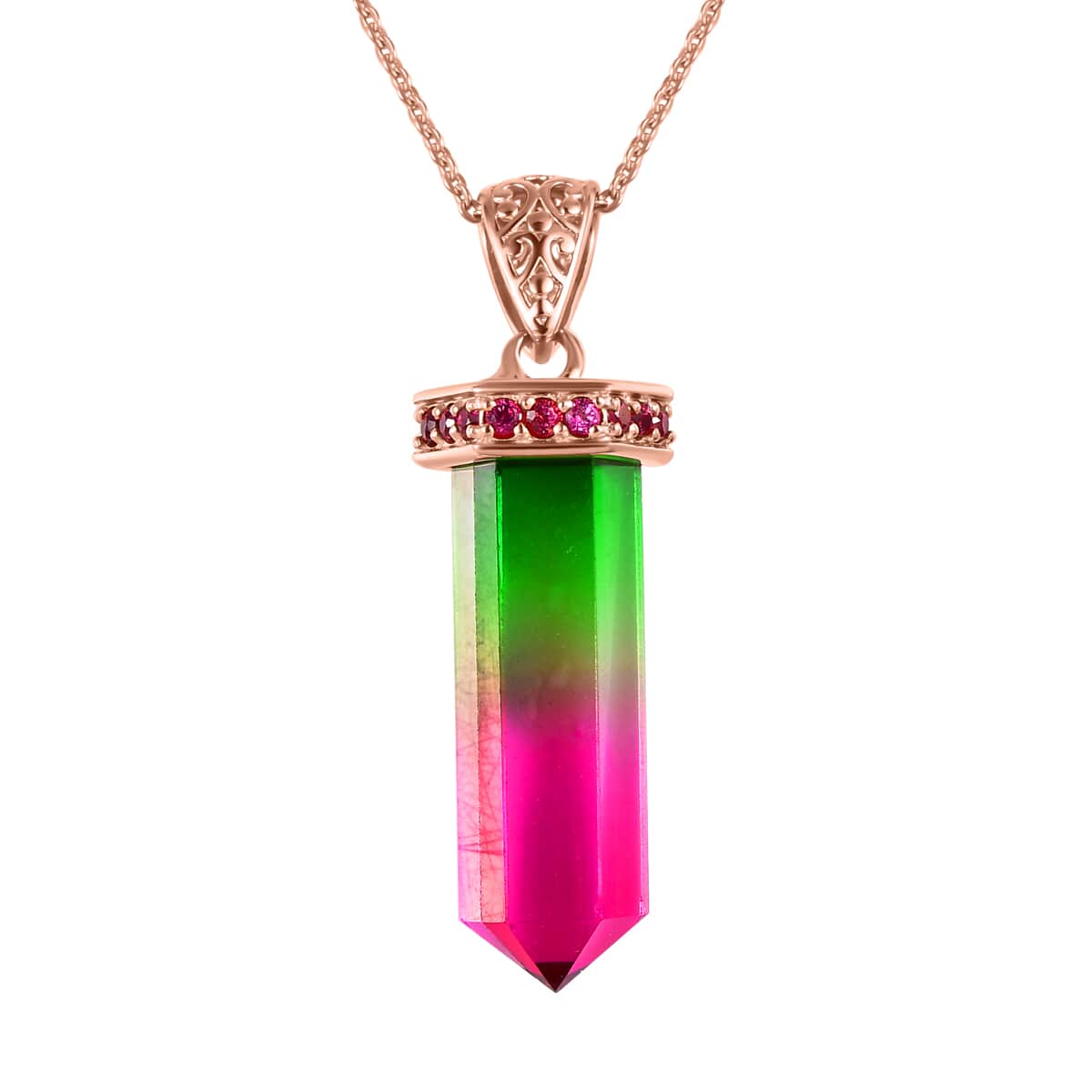 Fancy Cut Watermelon Quartz (Triplet) and Orissa Rhodolite Garnet Pencil Shape Pendant Necklace 20 Inches in Vermeil Rose Gold Over Sterling Silver 12.60 ctw image number 0