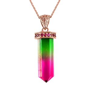 Fancy Cut Watermelon Quartz (Triplet) and Orissa Rhodolite Garnet Pencil Shape Pendant Necklace 20 Inches in Vermeil Rose Gold Over Sterling Silver 12.60 ctw
