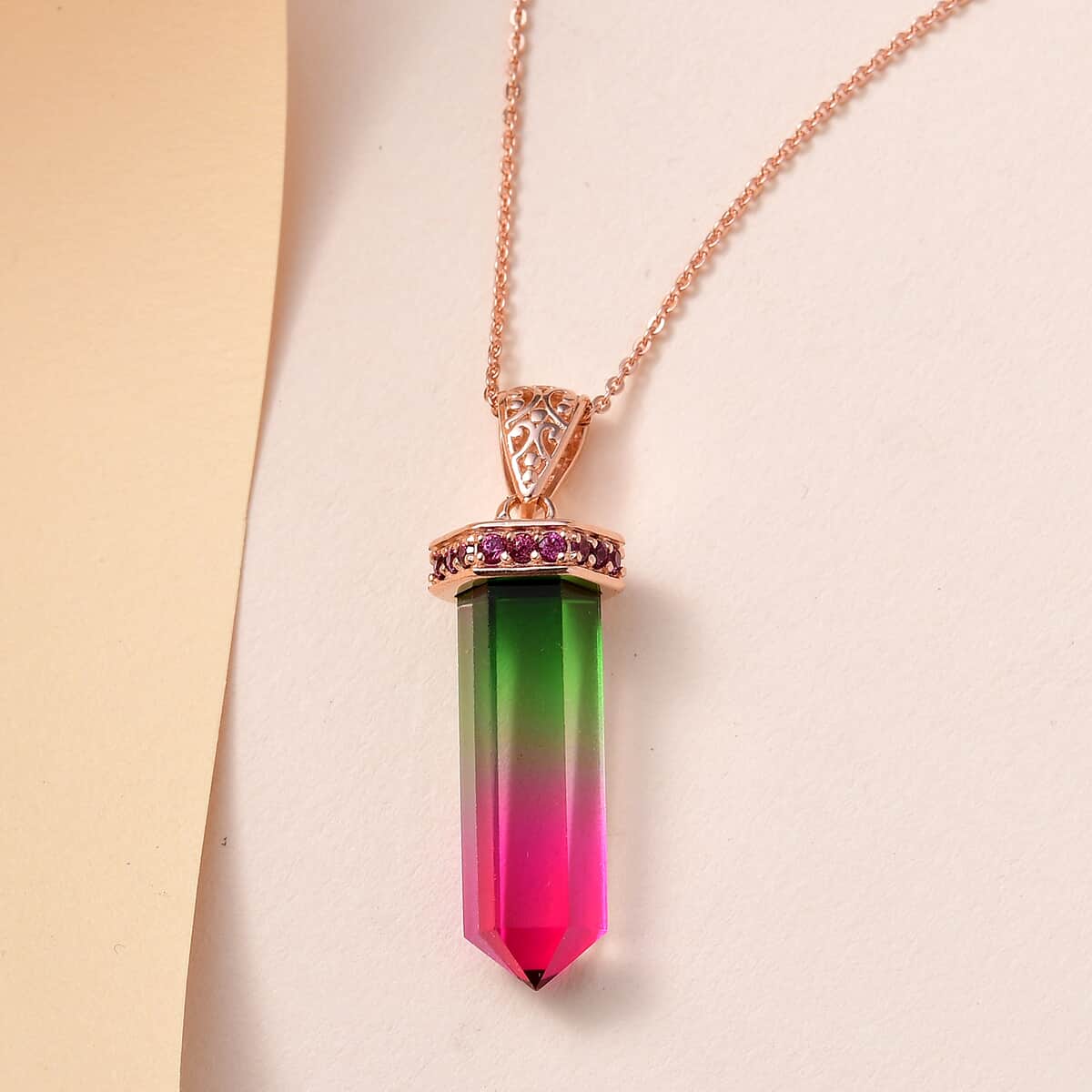 Fancy Cut Watermelon Quartz (Triplet) and Orissa Rhodolite Garnet Pencil Shape Pendant Necklace 20 Inches in Vermeil Rose Gold Over Sterling Silver 12.60 ctw image number 1