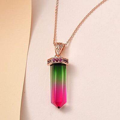 Fancy Cut Watermelon Quartz (Triplet) and Orissa Rhodolite Garnet Pencil Shape Pendant Necklace 20 Inches in Vermeil Rose Gold Over Sterling Silver 12.60 ctw