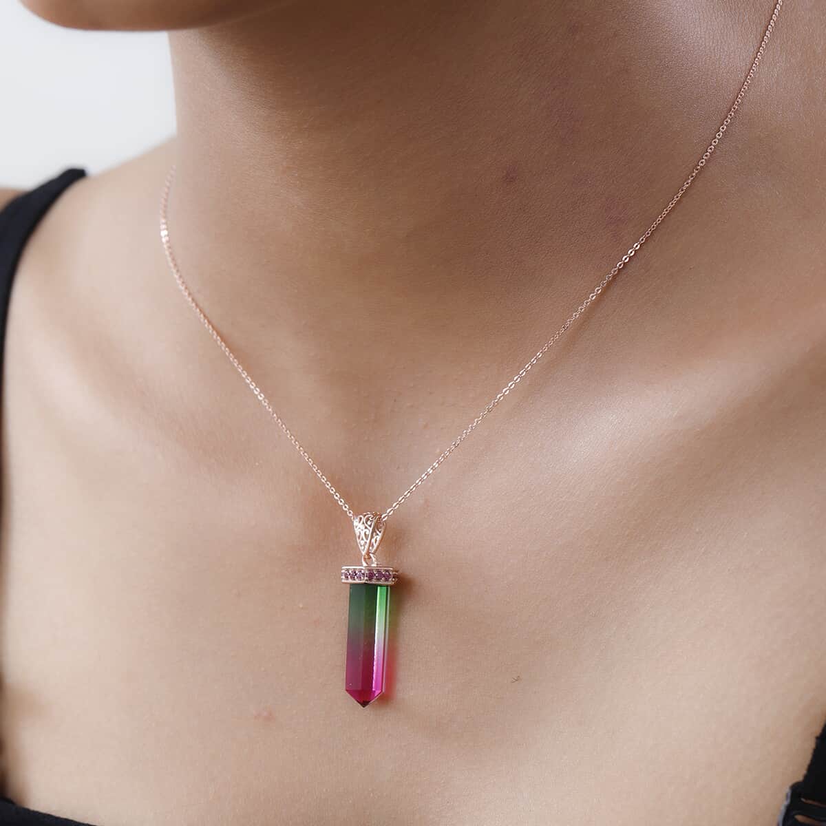 Fancy Cut Watermelon Quartz (Triplet) and Orissa Rhodolite Garnet Pencil Shape Pendant Necklace 20 Inches in Vermeil Rose Gold Over Sterling Silver 12.60 ctw image number 2