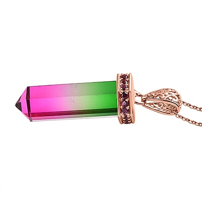 Fancy Cut Watermelon Quartz (Triplet) and Orissa Rhodolite Garnet Pencil Shape Pendant Necklace 20 Inches in Vermeil Rose Gold Over Sterling Silver 12.60 ctw