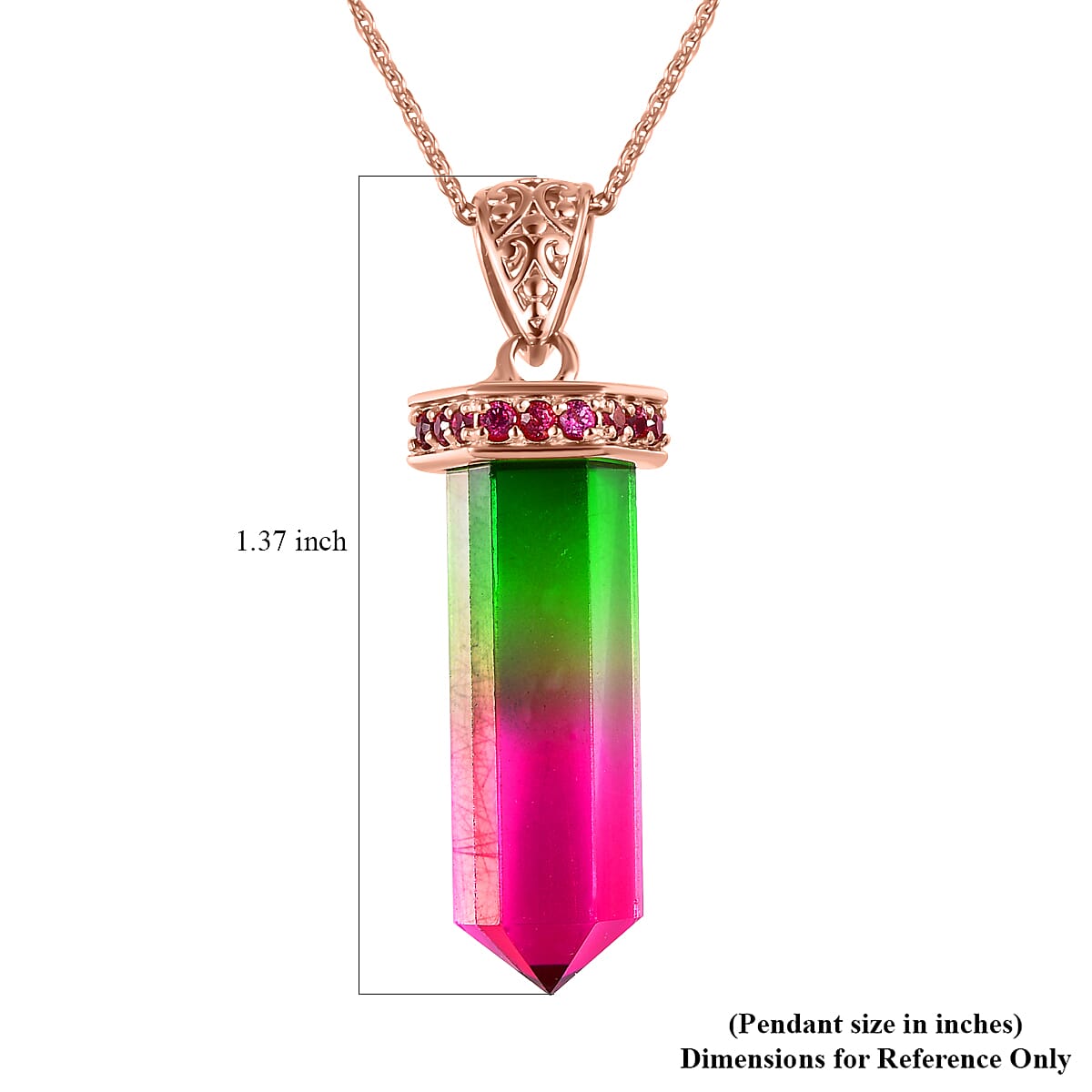 Fancy Cut Watermelon Quartz (Triplet) and Orissa Rhodolite Garnet Pencil Shape Pendant Necklace 20 Inches in Vermeil Rose Gold Over Sterling Silver 12.60 ctw