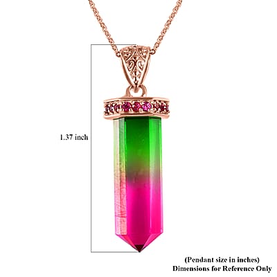 Fancy Cut Watermelon Quartz (Triplet) and Orissa Rhodolite Garnet Pencil Shape Pendant Necklace 20 Inches in Vermeil Rose Gold Over Sterling Silver 12.60 ctw