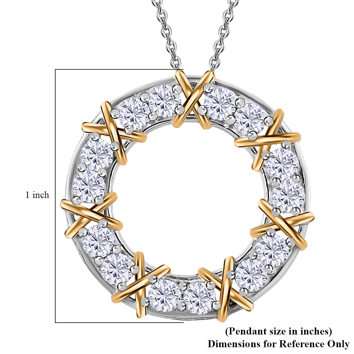 Moissanite Circle Pendant Necklace 20 Inches in Vermeil YG and Platinum Over Sterling Silver 1.40 ctw