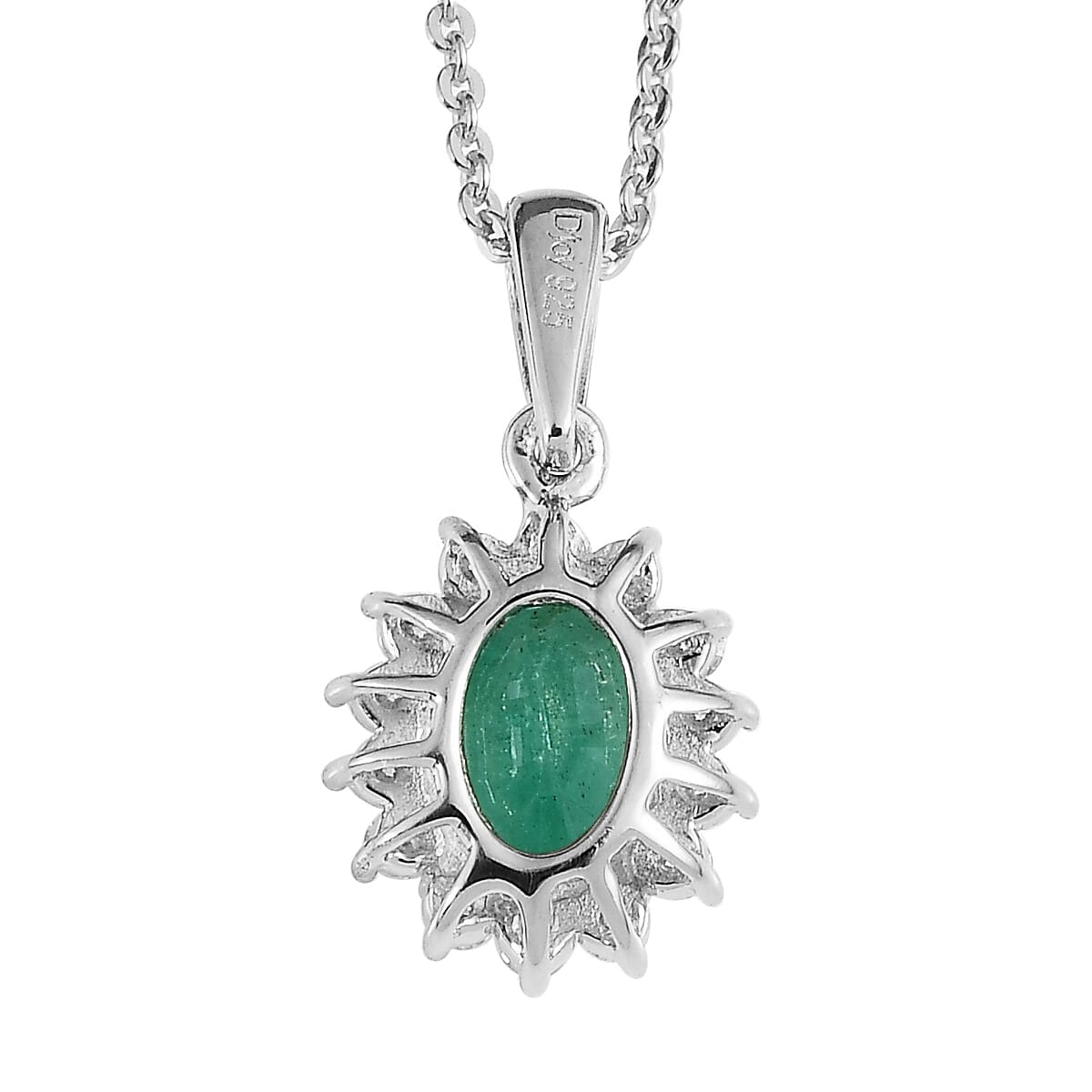 AAA Kagem Zambian Emerald and Moissanite Sunburst Pendant Necklace 20 Inches in Platinum Over Sterling Silver 1.00 ctw