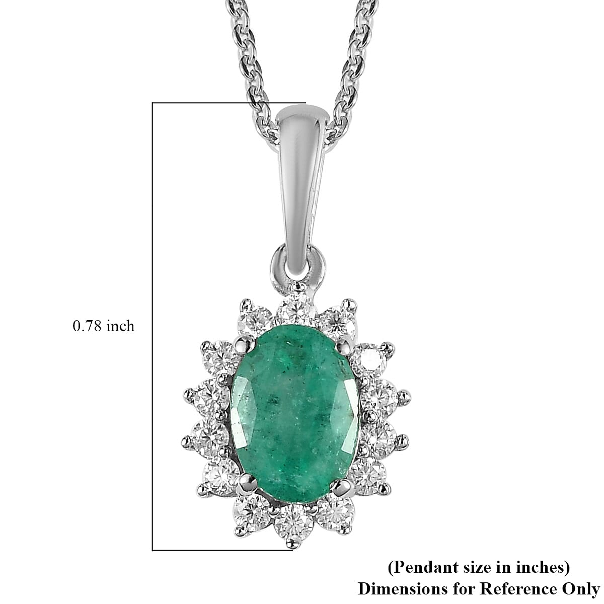 AAA Kagem Zambian Emerald and Moissanite Sunburst Pendant Necklace 20 Inches in Platinum Over Sterling Silver 1.00 ctw