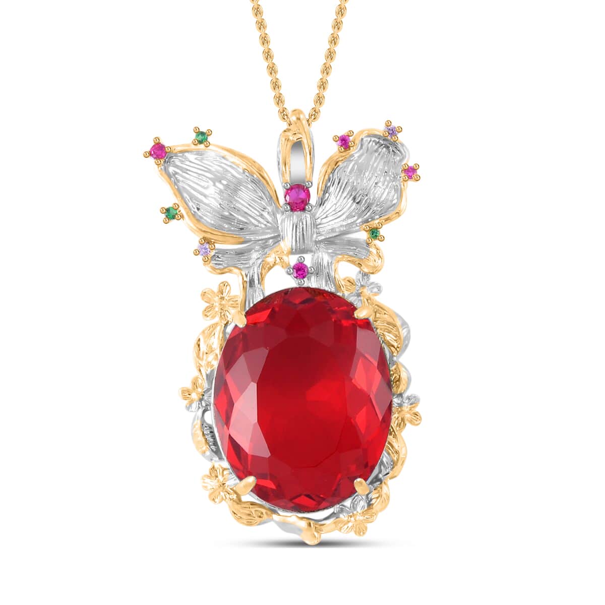 Simulated Ruby and Simulated Multi Color Diamond Pendant Necklace 20 Inches in Goldtone and ION Plated YG Stainless Steel 0.30 ctw image number 0