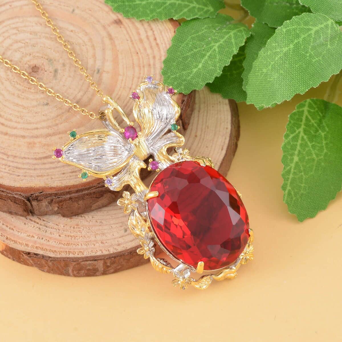 Simulated Ruby and Simulated Multi Color Diamond Pendant Necklace 20 Inches in Goldtone and ION Plated YG Stainless Steel 0.30 ctw image number 1