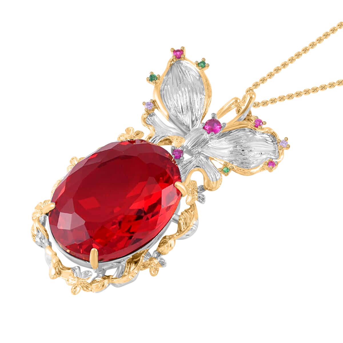 Simulated Ruby and Simulated Multi Color Diamond Pendant Necklace 20 Inches in Goldtone and ION Plated YG Stainless Steel 0.30 ctw image number 3