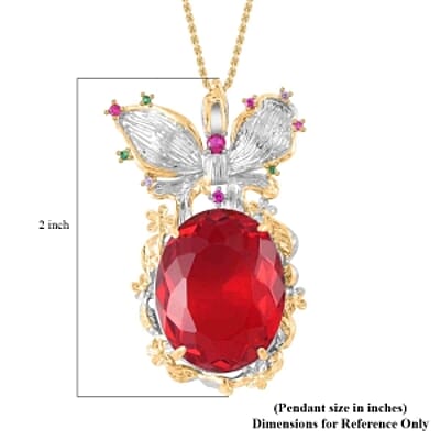 Simulated Ruby, Simulated Multi Color Diamond Pendant Necklace in Goldtone and ION Plated YG Stainless Steel 20 Inches, Tarnish-Free, Waterproof, Sweat Proof Jewelry