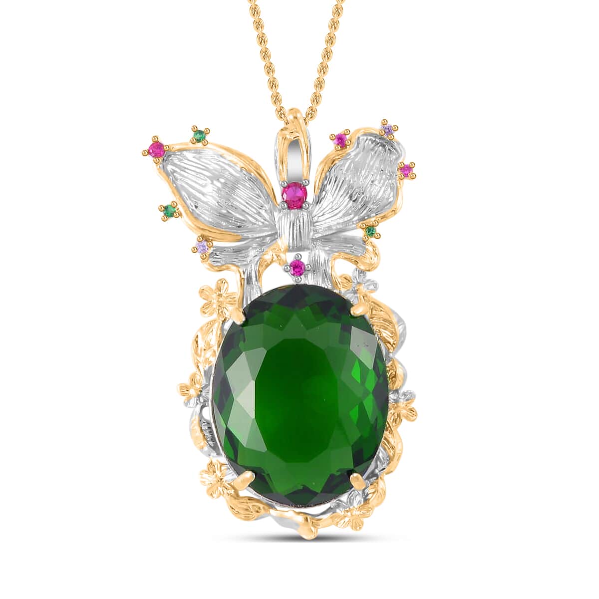 Simulated Emerald, Simulated Multi Color Diamond Pendant Necklace in Goldtone and ION Plated YG Stainless Steel  20 Inches, Tarnish-Free, Waterproof, Sweat Proof Jewelry image number 0