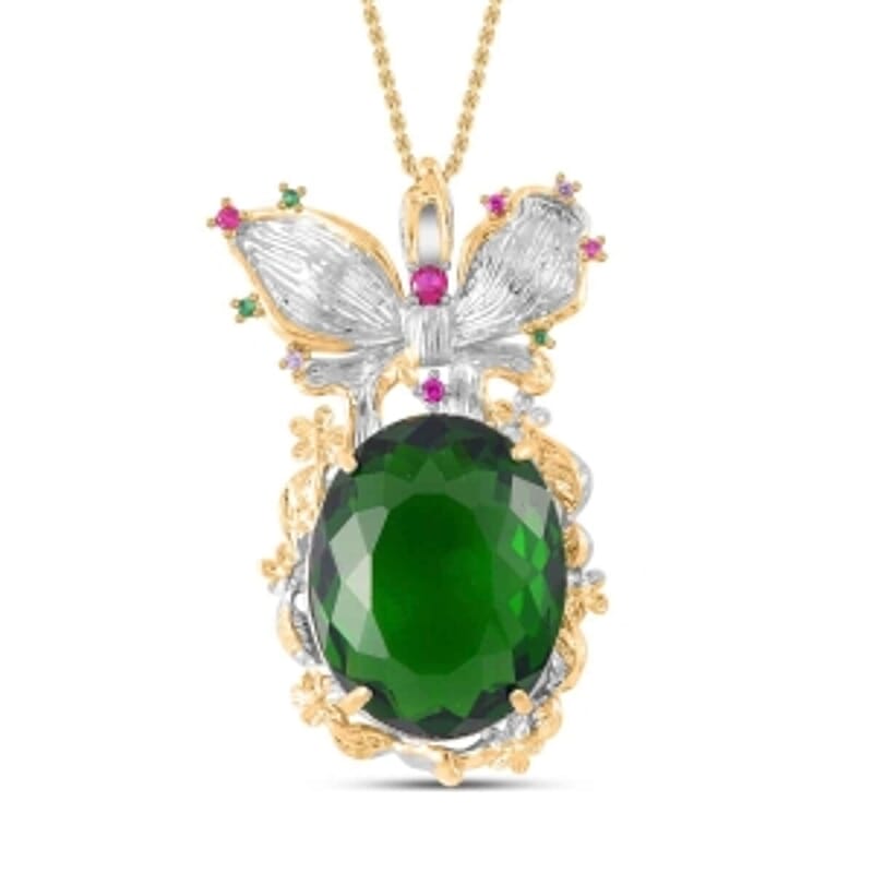 Simulated Emerald, Simulated Multi Color Diamond Pendant in Goldtone with ION Plated YG Stainless Steel 0.30 ctw Necklace (20 Inches)