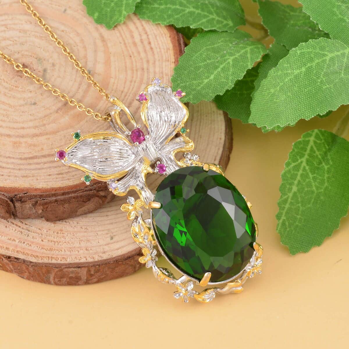 Simulated Emerald, Simulated Multi Color Diamond Pendant Necklace in Goldtone and ION Plated YG Stainless Steel  20 Inches, Tarnish-Free, Waterproof, Sweat Proof Jewelry image number 1