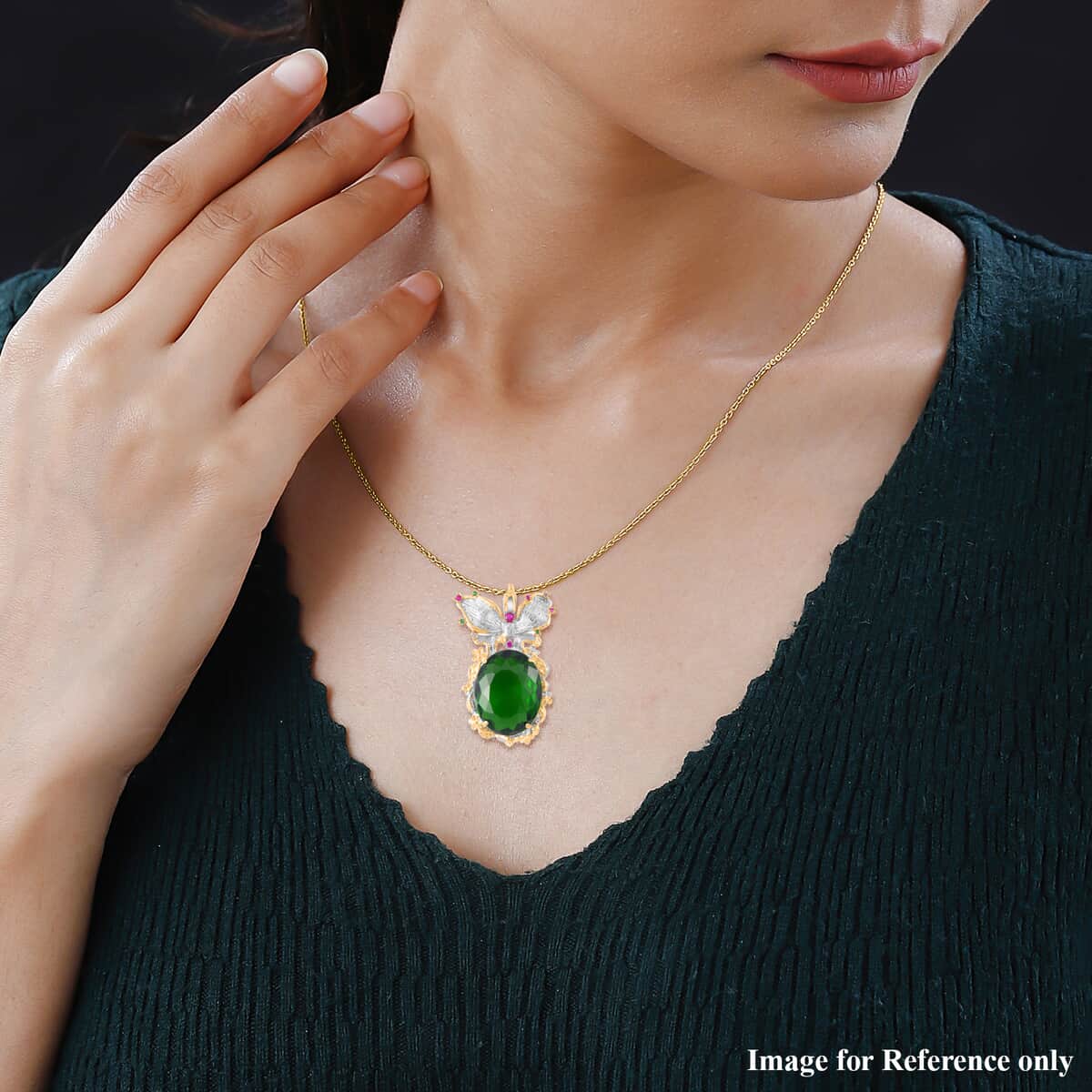 Simulated Emerald, Simulated Multi Color Diamond Pendant Necklace in Goldtone and ION Plated YG Stainless Steel  20 Inches, Tarnish-Free, Waterproof, Sweat Proof Jewelry image number 2