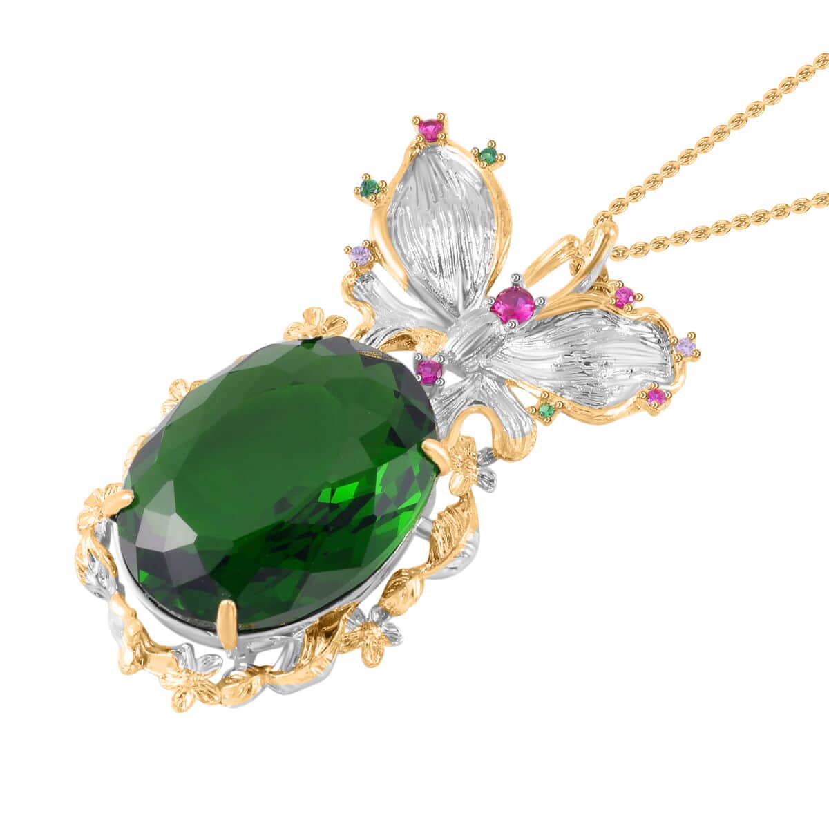 Simulated Emerald, Simulated Multi Color Diamond Pendant Necklace in Goldtone and ION Plated YG Stainless Steel  20 Inches, Tarnish-Free, Waterproof, Sweat Proof Jewelry image number 3