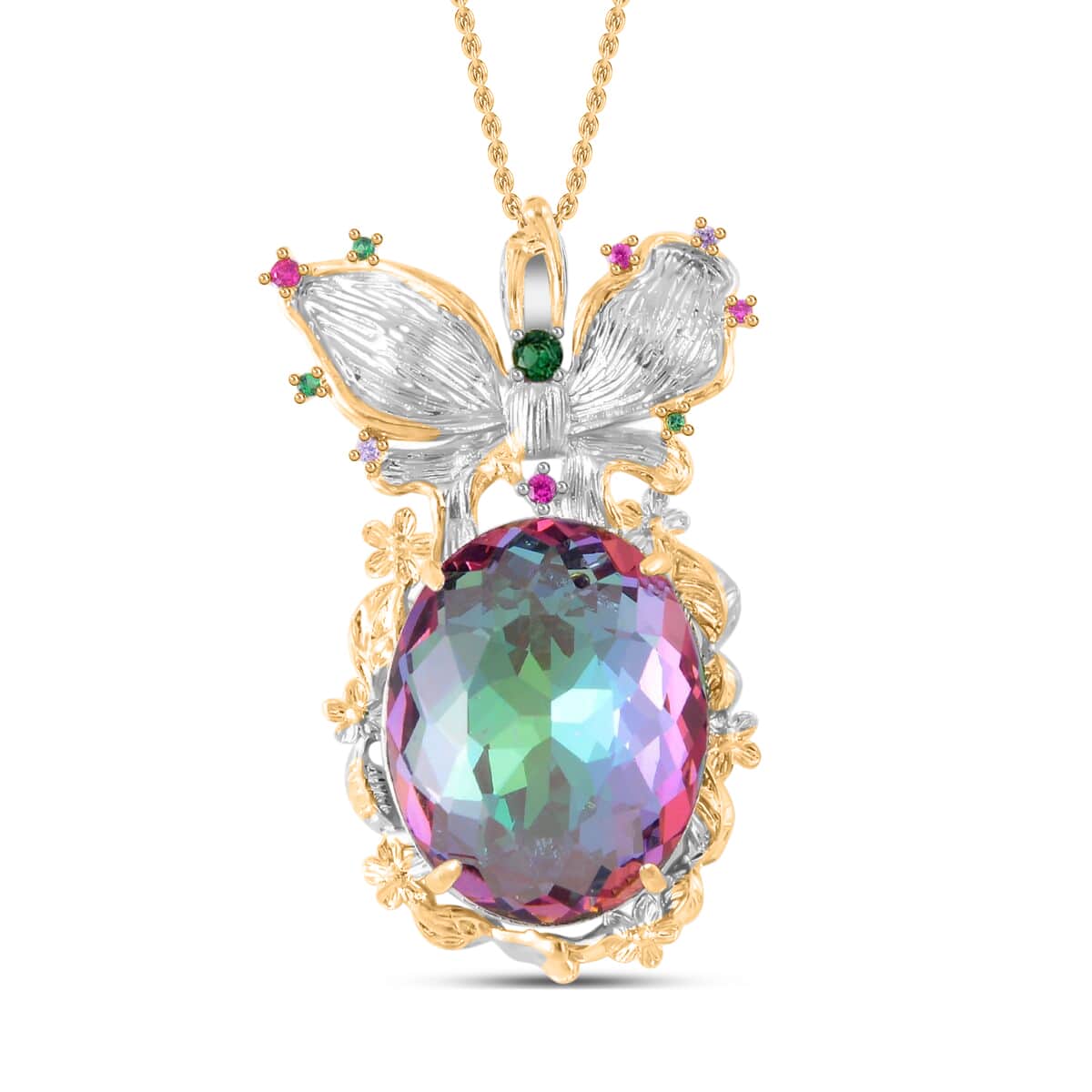 Simulated Mystic Color Quartz, Simulated Multi Color Diamond Pendant Necklace in Goldtone and ION Plated YG Stainless Steel 20 Inches, Tarnish-Free, Waterproof, Sweat Proof Jewelry image number 0