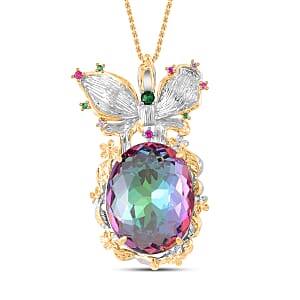 Simulated Mystic Color Quartz, Simulated Multi Color Diamond Pendant Necklace in Goldtone and ION Plated YG Stainless Steel 20 Inches, Tarnish-Free, Waterproof, Sweat Proof Jewelry