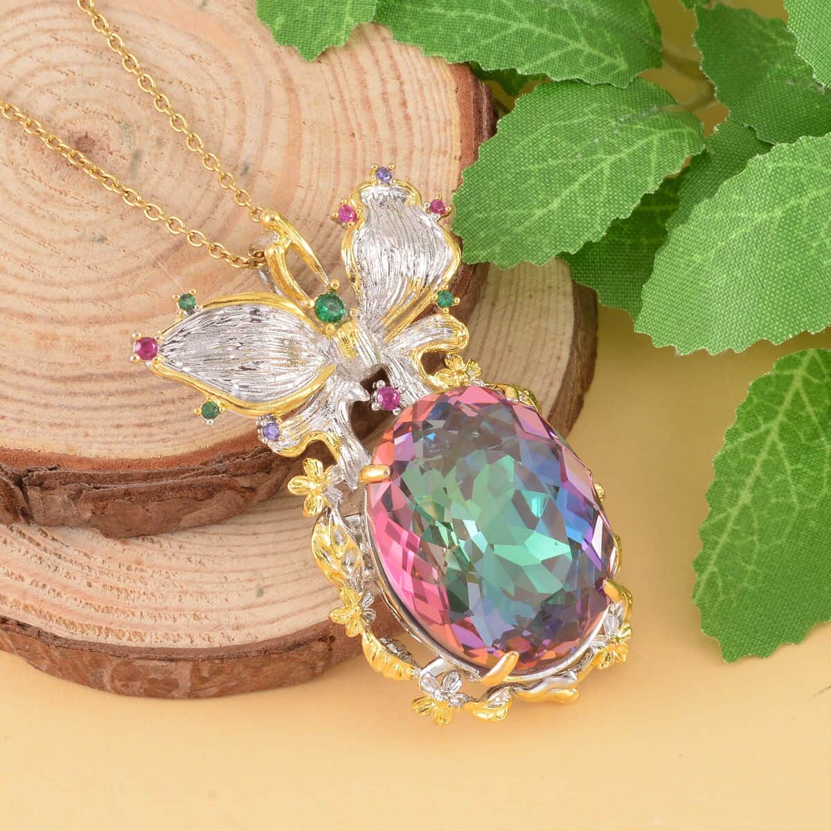 Simulated Mystic Color Quartz, Simulated Multi Color Diamond Pendant Necklace in Goldtone and ION Plated YG Stainless Steel 20 Inches, Tarnish-Free, Waterproof, Sweat Proof Jewelry image number 1