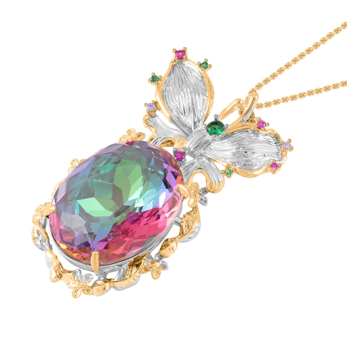 Simulated Mystic Color Quartz, Simulated Multi Color Diamond Pendant Necklace in Goldtone and ION Plated YG Stainless Steel 20 Inches, Tarnish-Free, Waterproof, Sweat Proof Jewelry image number 3