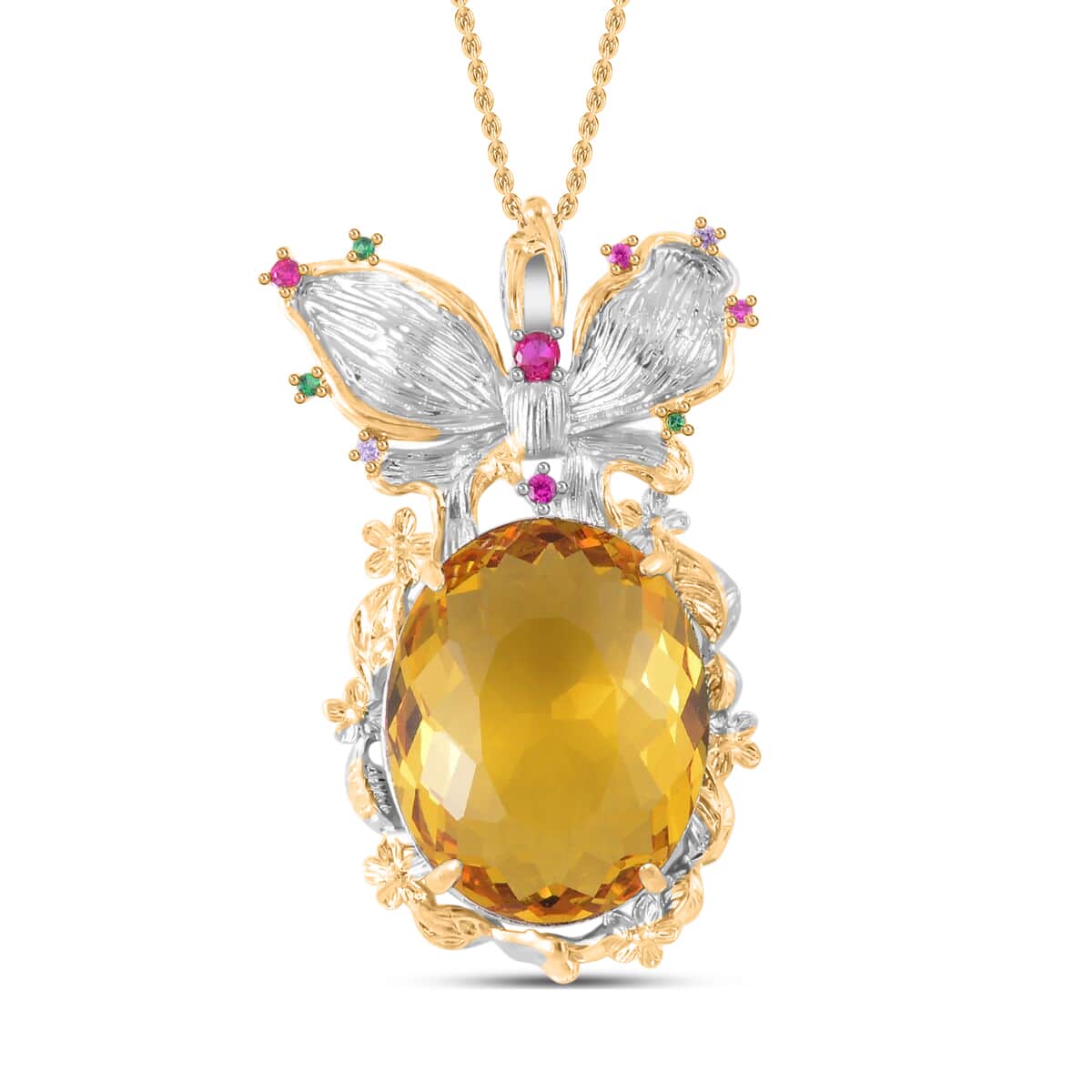 Simulated Yellow Sapphire, Simulated Multi Color Diamond Pendant Necklace in Goldtone and ION Plated YG Stainless Steel 20 Inches, Tarnish-Free, Waterproof, Sweat Proof Jewelry image number 0