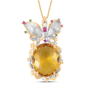 Simulated Yellow Sapphire, Simulated Multi Color Diamond Pendant Necklace in Goldtone and ION Plated YG Stainless Steel 20 Inches, Tarnish-Free, Waterproof, Sweat Proof Jewelry
