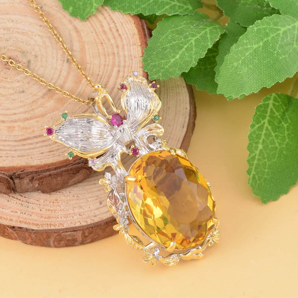 Simulated Yellow Sapphire, Simulated Multi Color Diamond Pendant Necklace in Goldtone and ION Plated YG Stainless Steel 20 Inches, Tarnish-Free, Waterproof, Sweat Proof Jewelry image number 1