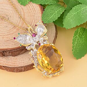 Simulated Yellow Sapphire, Simulated Multi Color Diamond Pendant Necklace in Goldtone and ION Plated YG Stainless Steel 20 Inches, Tarnish-Free, Waterproof, Sweat Proof Jewelry