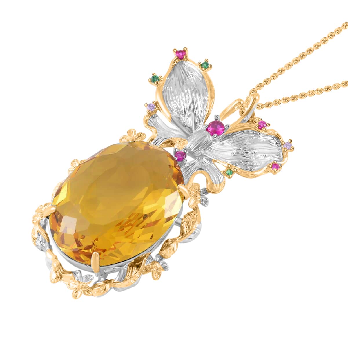 Simulated Yellow Sapphire, Simulated Multi Color Diamond Pendant Necklace in Goldtone and ION Plated YG Stainless Steel 20 Inches, Tarnish-Free, Waterproof, Sweat Proof Jewelry image number 3