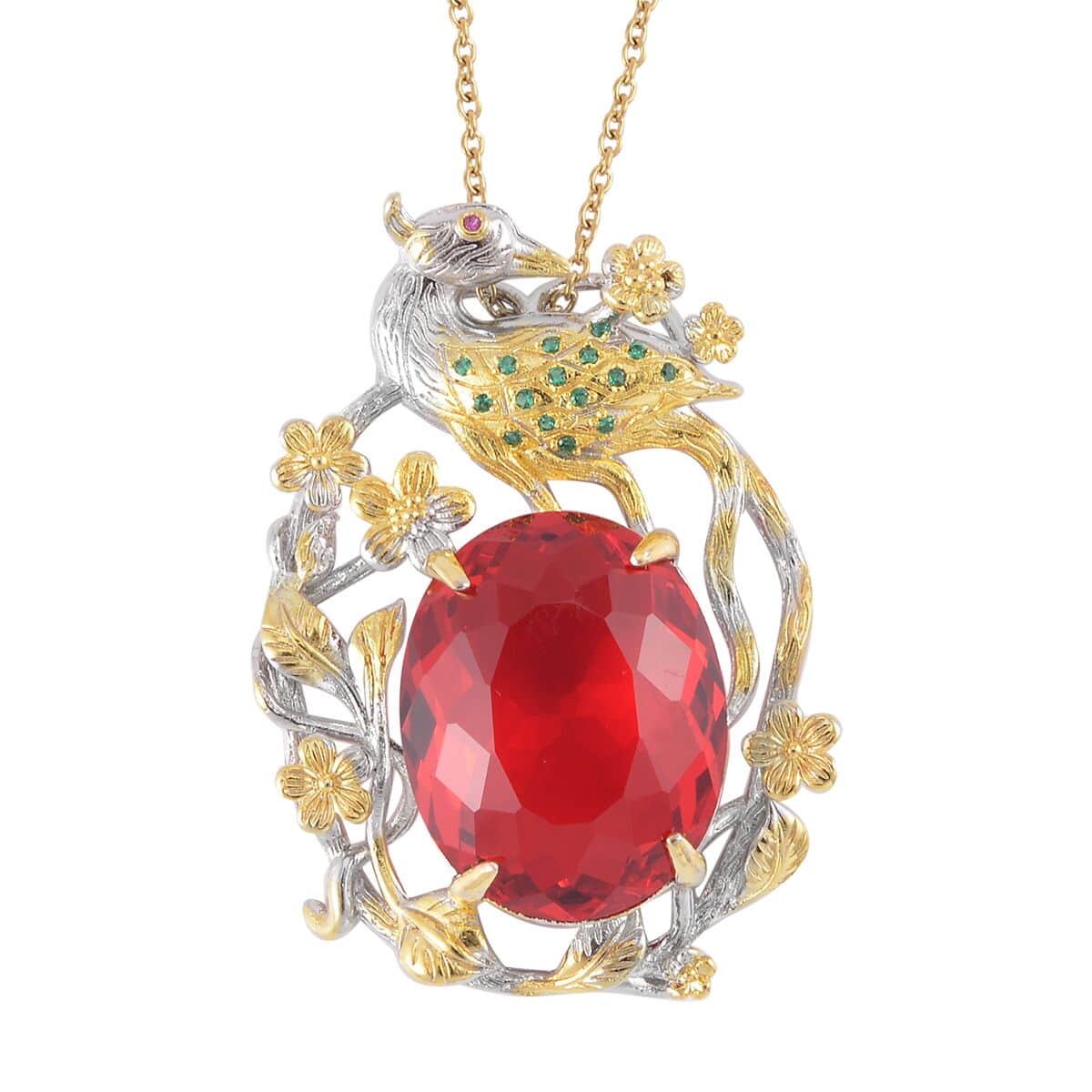 Simulated Ruby and Simulated Green Diamond Pendant in Dualtone with Stainless Steel Necklace 20 Inches image number 0