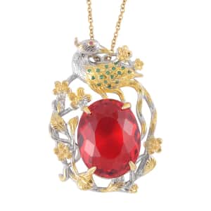 Simulated Ruby and Simulated Green Diamond Pendant in Dualtone with Stainless Steel Necklace 20 Inches