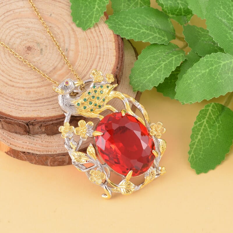 Simulated Ruby and Simulated Green Diamond Pendant in Dualtone with Stainless Steel Necklace 20 Inches