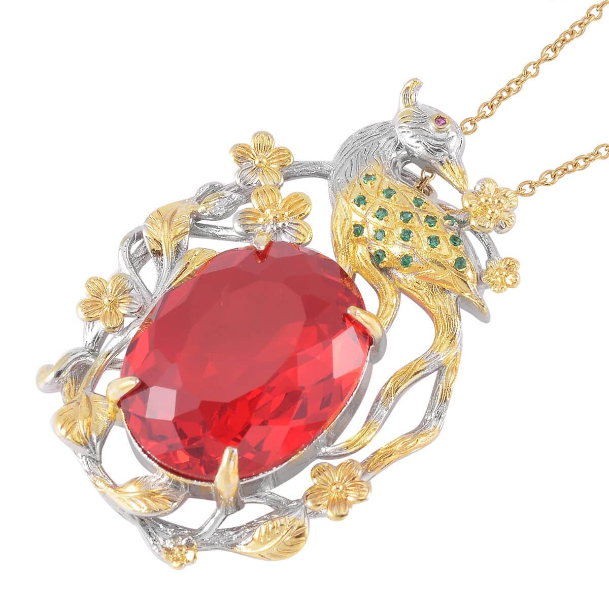Simulated Ruby and Simulated Green Diamond Pendant in Dualtone with Stainless Steel Necklace 20 Inches image number 3