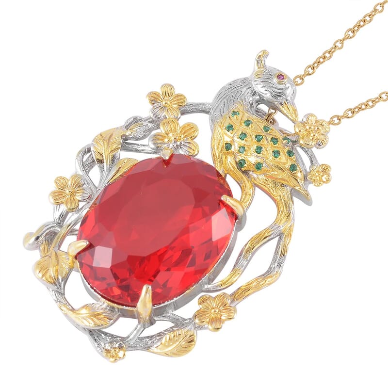 Simulated Ruby and Simulated Green Diamond Pendant in Dualtone with Stainless Steel Necklace 20 Inches