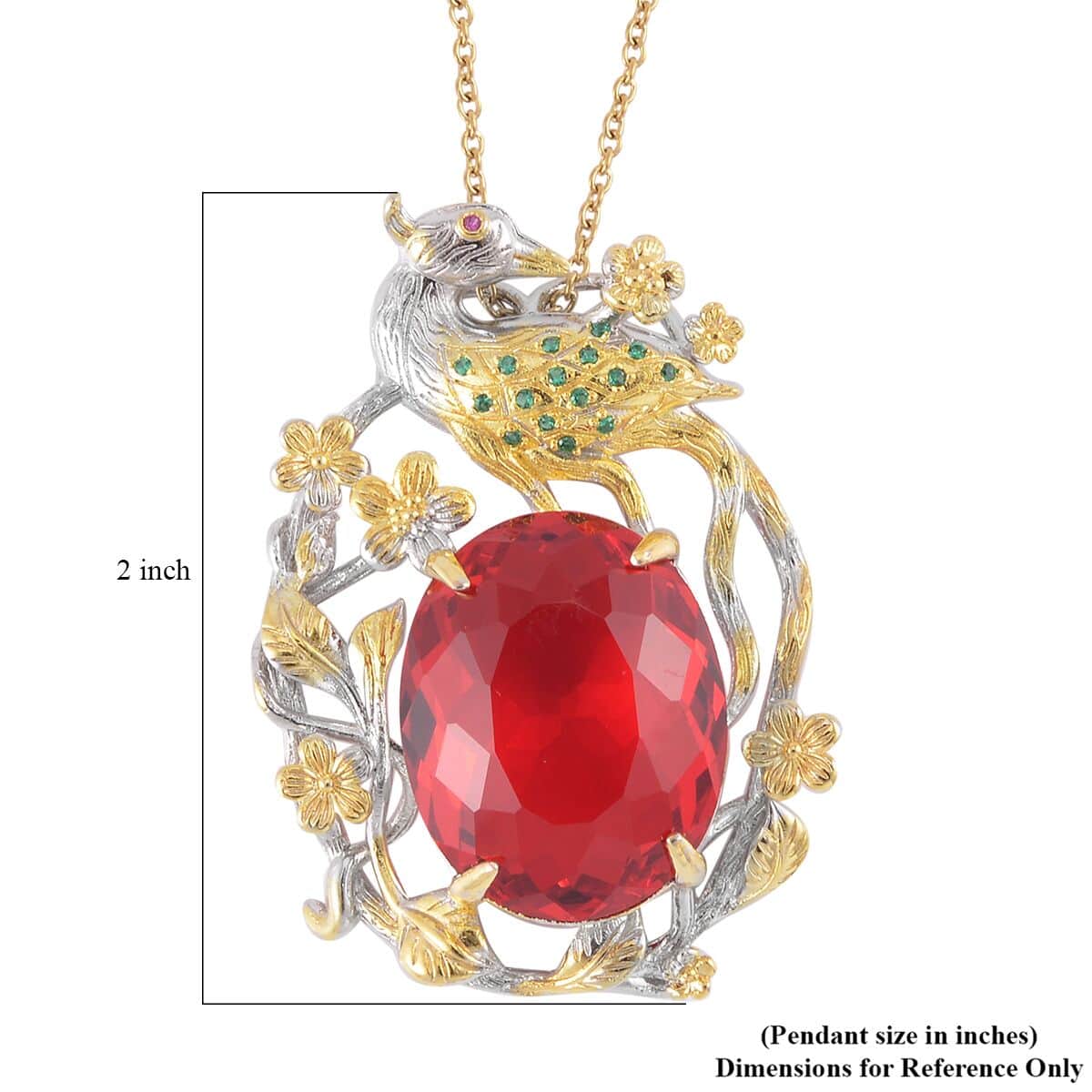 Simulated Ruby and Simulated Green Diamond Pendant in Dualtone with Stainless Steel Necklace 20 Inches image number 5