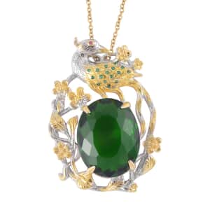 Simulated Emerald and Simulated Green Diamond Pendant in Dualtone with Stainless Steel Necklace 20 Inches